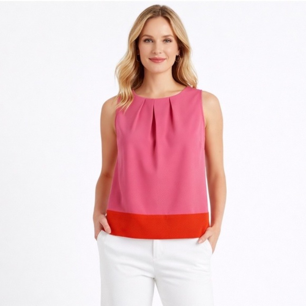 LOFT Colorblock Pleated Neck Sleeveless Shell Top Coral Pink Orange SP‎ 56-33